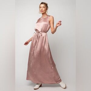 Easel Rose Satin Maxi Dress with Tie Waist & Slits NWT Small Boho Elegant